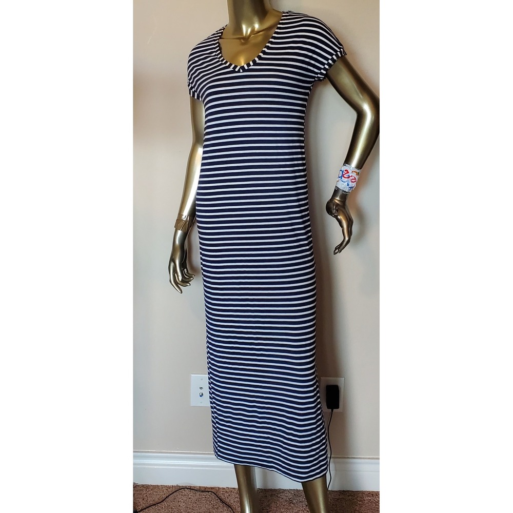 Camaieu Womens Navy Blue White Striped Cotton Knit Maxi Dress Short Sleeve Small